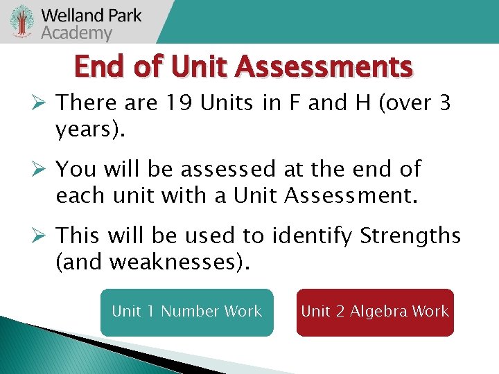 End of Unit Assessments Ø There are 19 Units in F and H (over