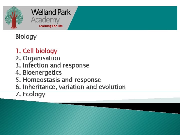 Biology 1. Cell biology 2. Organisation 3. Infection and response 4. Bioenergetics 5. Homeostasis