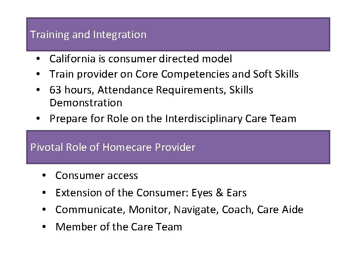Training and Integration • California is consumer directed model • Train provider on Core