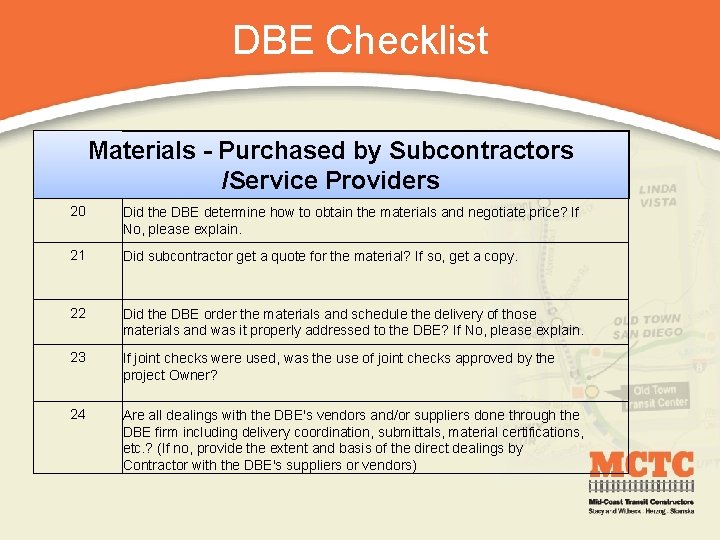 DBE Checklist Materials - Purchased by Subcontractors /Service Providers 20 Did the DBE determine