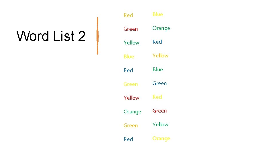 Word List 2 Red Blue Green Orange Yellow Red Blue Green Yellow Red Orange