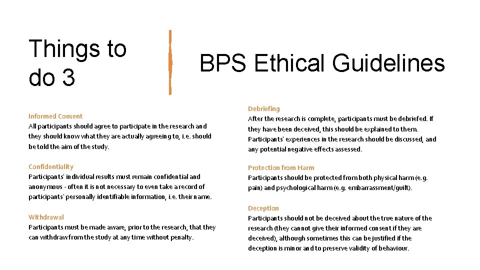 Things to do 3 BPS Ethical Guidelines Informed Consent All participants should agree to