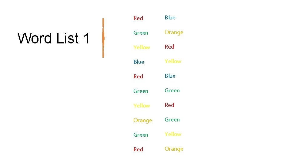 Word List 1 Red Blue Green Orange Yellow Red Blue Green Yellow Red Orange