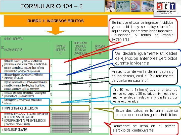 FORMULARIO 104 – 2 RUBRO 1: INGRESOS BRUTOS Se incluye el total de ingresos