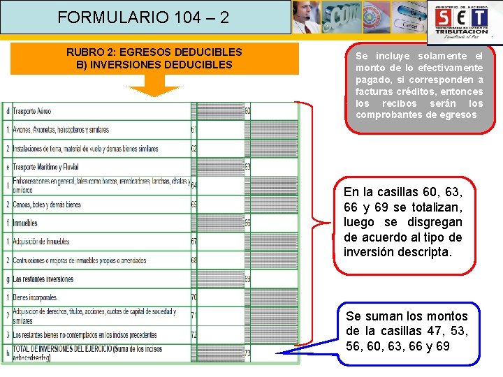 FORMULARIO 104 – 2 RUBRO 2: EGRESOS DEDUCIBLES B) INVERSIONES DEDUCIBLES Se incluye solamente