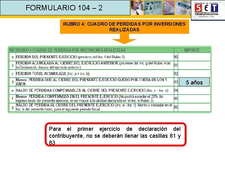 FORMULARIO 104 – 2 RUBRO 4: CUADRO DE PERDIDAS POR INVERSIONES REALIZADAS 5 años