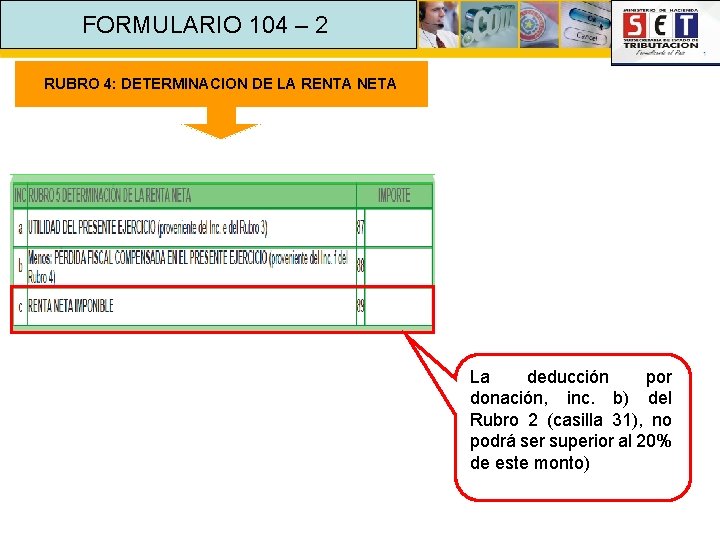 FORMULARIO 104 – 2 RUBRO 4: DETERMINACION DE LA RENTA NETA La deducción por