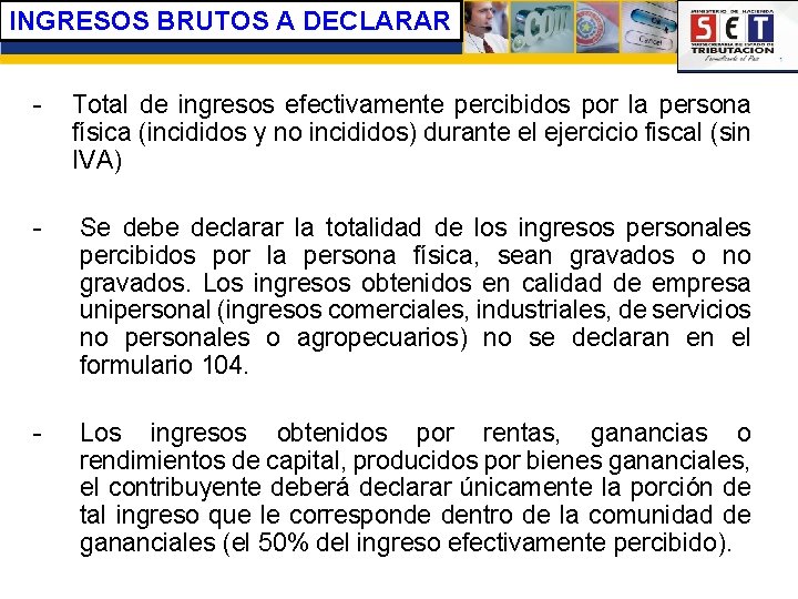 INGRESOS BRUTOS A DECLARAR - Total de ingresos efectivamente percibidos por la persona física