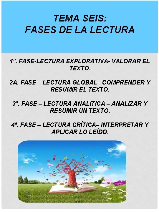 TEMA SEIS: FASES DE LA LECTURA 1ª. FASE-LECTURA EXPLORATIVA- VALORAR EL TEXTO. 2 A.