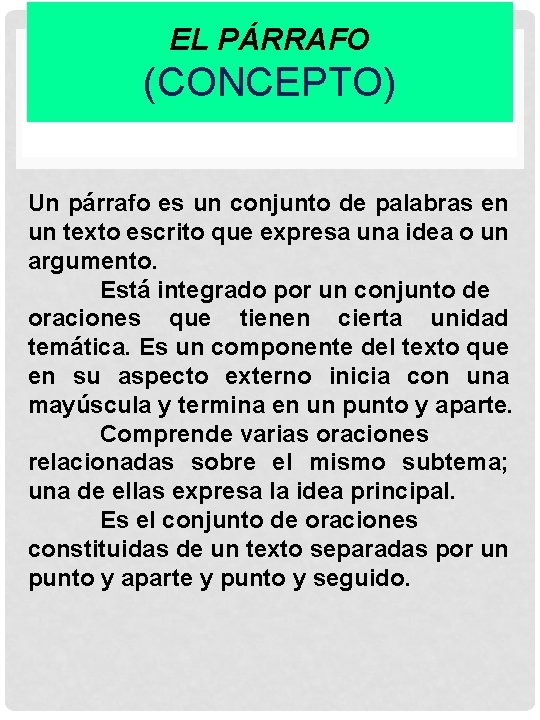 EL PÁRRAFO (CONCEPTO) Un párrafo es un conjunto de palabras en un texto escrito