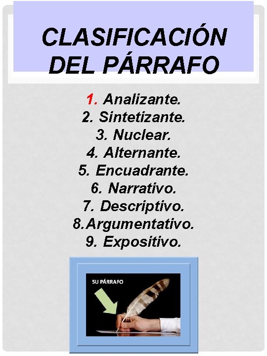 CLASIFICACIÓN DEL PÁRRAFO 1. Analizante. 2. Sintetizante. 3. Nuclear. 4. Alternante. 5. Encuadrante. 6.