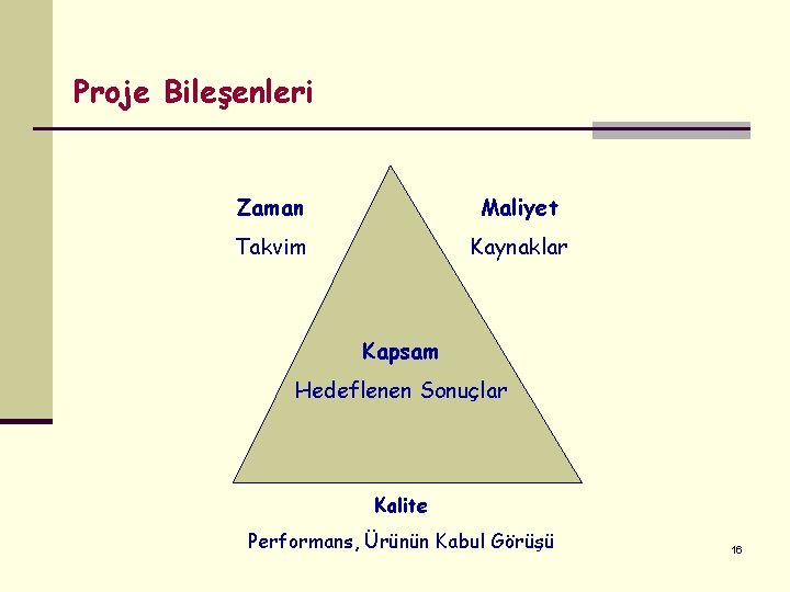 Proje Bileşenleri Zaman Maliyet Takvim Kaynaklar Kapsam Hedeflenen Sonuçlar Kalite Performans, Ürünün Kabul Görüşü