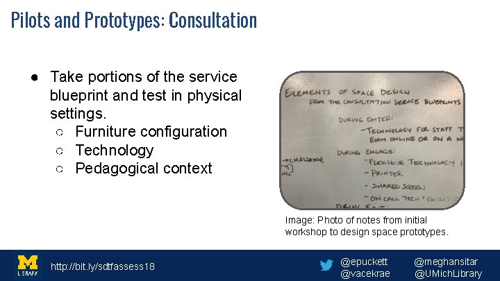 Pilots and Prototypes: Consultation ● Take portions of the service blueprint and test in