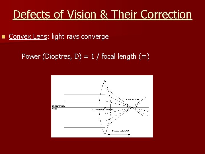 Defects of Vision & Their Correction n Convex Lens: light rays converge Power (Dioptres,