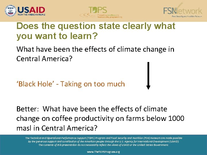 Does the question state clearly what you want to learn? What have been the