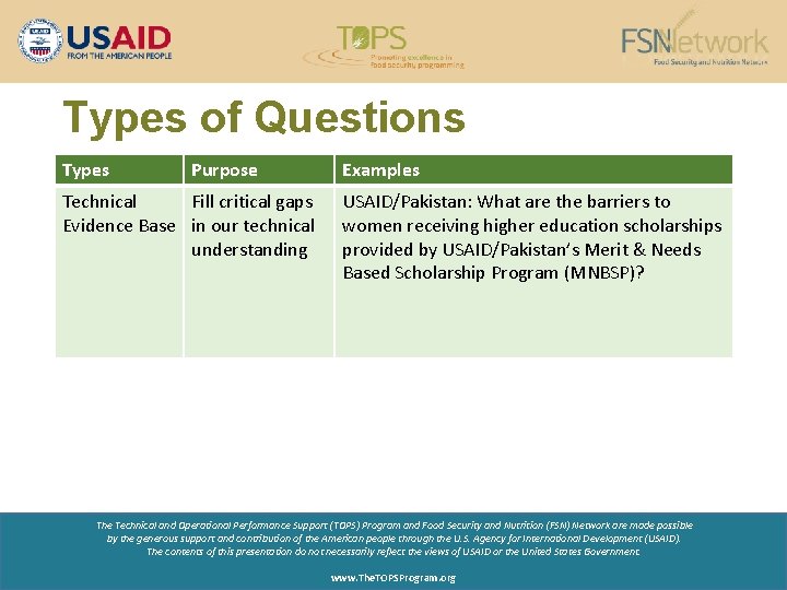 Types of Questions Types Purpose Technical Fill critical gaps Evidence Base in our technical
