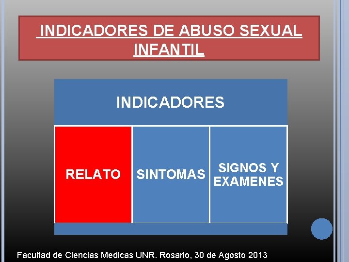 INDICADORES DE ABUSO SEXUAL INFANTIL INDICADORES RELATO SIGNOS Y SINTOMAS EXAMENES Facultad de Ciencias