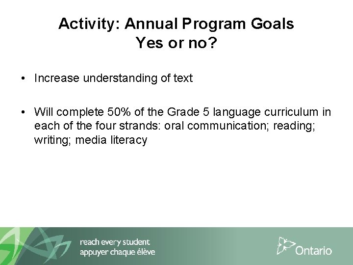 Activity: Annual Program Goals Yes or no? • Increase understanding of text • Will