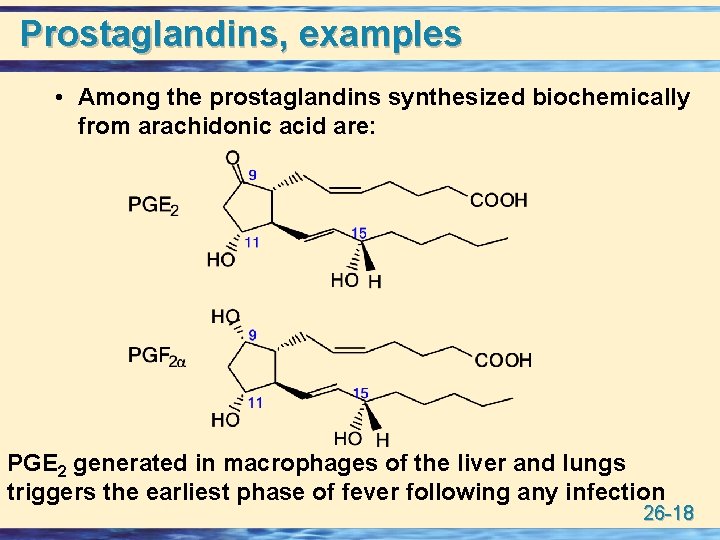 Prostaglandins, examples • Among the prostaglandins synthesized biochemically from arachidonic acid are: PGE 2