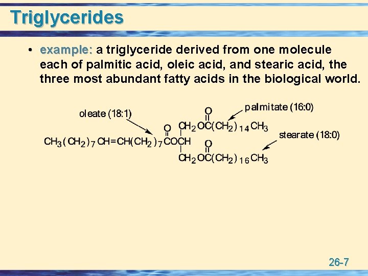Triglycerides • example: a triglyceride derived from one molecule each of palmitic acid, oleic