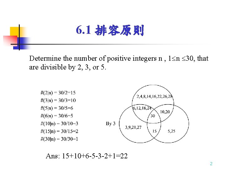6. 1 排容原則 Determine the number of positive integers n , 1 n 30, 6. 1 排容原則 Determine the number of positive integers n , 1 n 30,