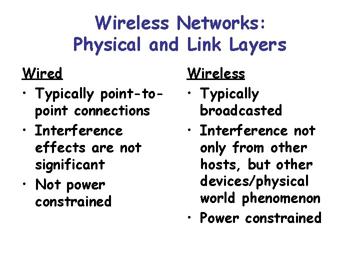 Wireless Networks: Physical and Link Layers Wired • Typically point-topoint connections • Interference effects