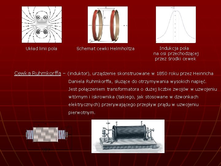 Układ linii pola Schemat cewki Helmholtza Indukcja pola na osi przechodzącej przez środki cewek