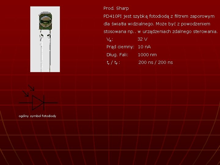 Prod. Sharp PD 410 PI jest szybką fotodiodą z filtrem zaporowym dla światła widzialnego.