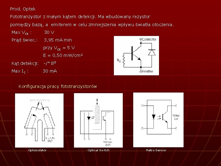 Prod. Optek Fototranzystor z małym kątem detekcji. Ma wbudowany rezystor pomiędzy bazą, a emiterem