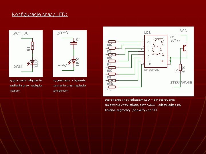 Konfiguracje pracy LED: sygnalizator włączenia zasilania przy napięciu stałym zmiennym sterowanie wyświetlaczem LED –