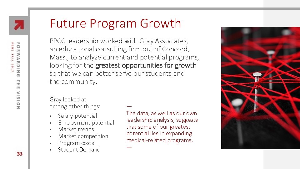 Future Program Growth PPCC leadership worked with Gray Associates, an educational consulting firm out