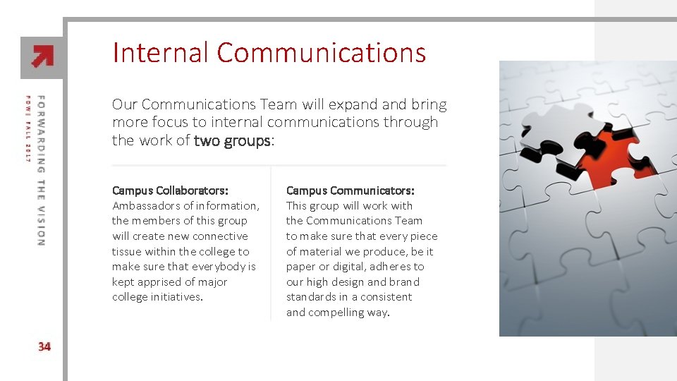 Internal Communications Our Communications Team will expand bring more focus to internal communications through