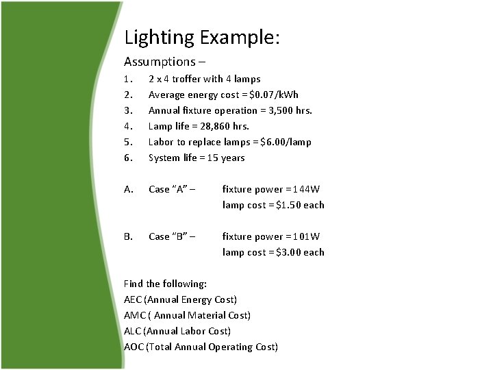 Lighting Example: Assumptions – 1. 2. 3. 4. 5. 6. 2 x 4 troffer