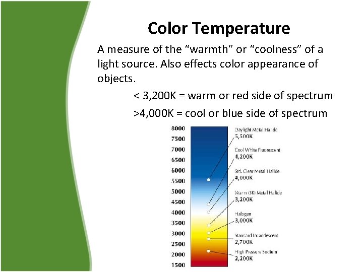 Color Temperature A measure of the “warmth” or “coolness” of a light source. Also