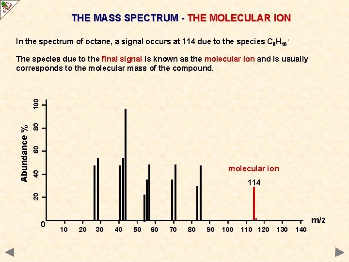 THE MASS SPECTRUM - THE MOLECULAR ION In the spectrum of octane, a signal