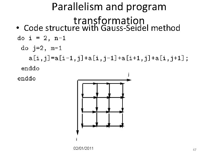 Parallelism and program transformation • Code structure with Gauss-Seidel method 02/01/2011 47 