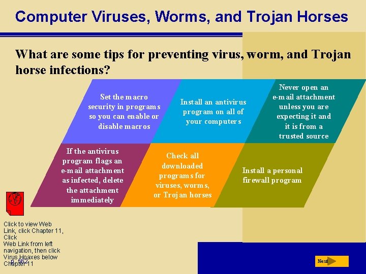 Computer Viruses, Worms, and Trojan Horses What are some tips for preventing virus, worm,