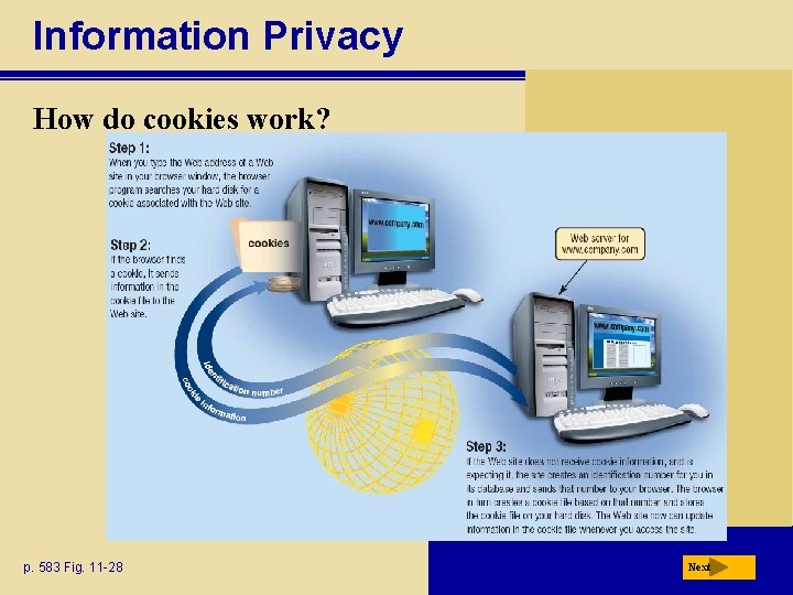 Information Privacy How do cookies work? p. 583 Fig. 11 -28 Next 