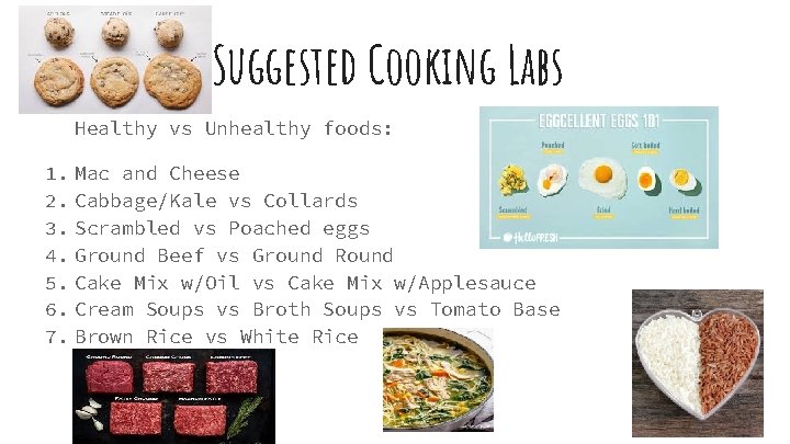 Suggested Cooking Labs Healthy vs Unhealthy foods: 1. 2. 3. 4. 5. 6. 7.