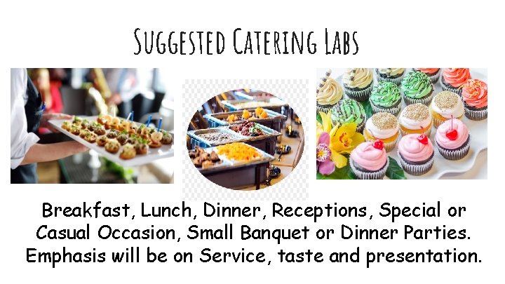 Suggested Catering Labs Breakfast, Lunch, Dinner, Receptions, Special or Casual Occasion, Small Banquet or