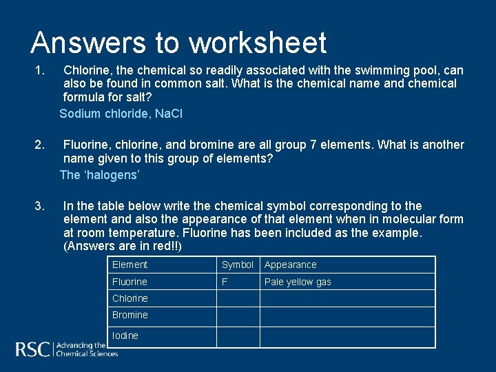 Answers to worksheet 1. Chlorine, the chemical so readily associated with the swimming pool,