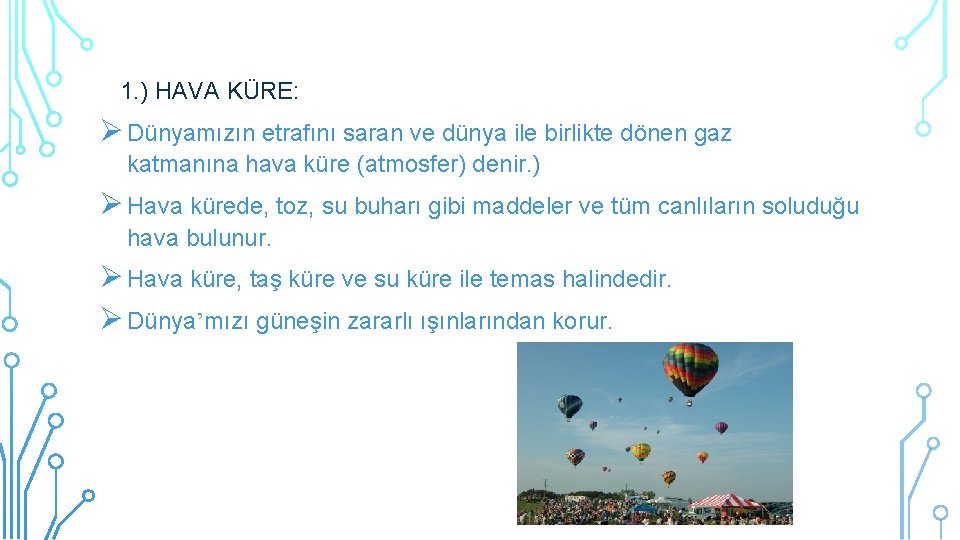 1. ) HAVA KÜRE: Dünyamızın etrafını saran ve dünya ile birlikte dönen gaz katmanına