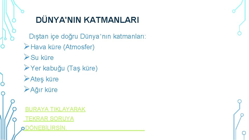 DÜNYA'NIN KATMANLARI Dıştan içe doğru Dünya’nın katmanları: Hava küre (Atmosfer) Su küre Yer kabuğu