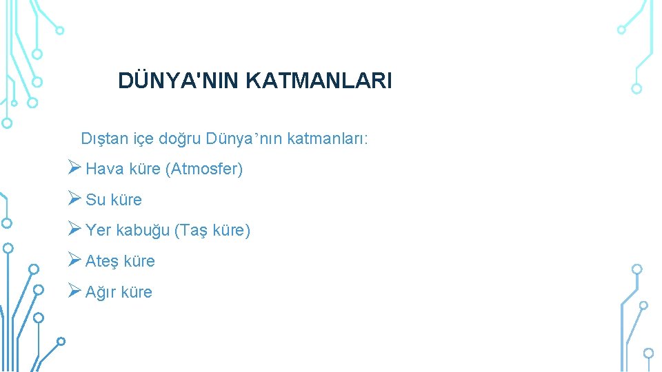 DÜNYA'NIN KATMANLARI Dıştan içe doğru Dünya’nın katmanları: Hava küre (Atmosfer) Su küre Yer kabuğu