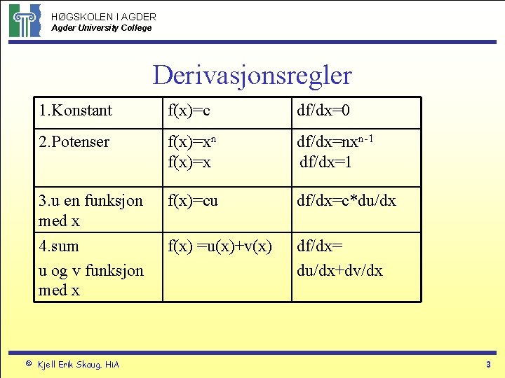 HØGSKOLEN I AGDER Agder University College Derivasjonsregler 1. Konstant f(x)=c df/dx=0 2. Potenser f(x)=xn