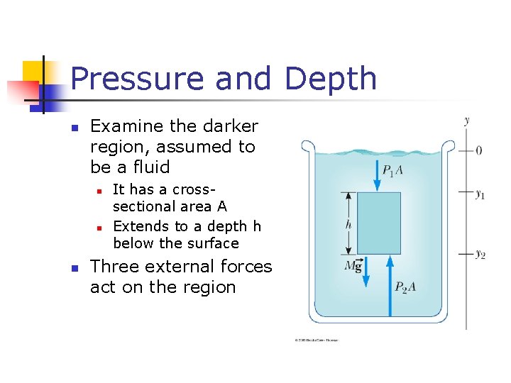 Pressure and Depth n Examine the darker region, assumed to be a fluid n