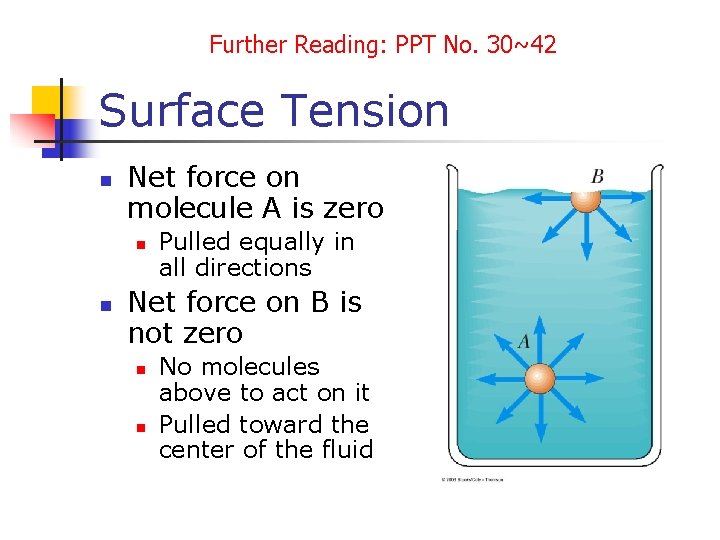 Further Reading: PPT No. 30~42 Surface Tension n Net force on molecule A is