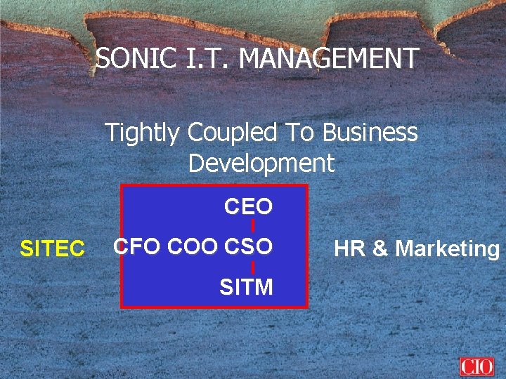 SONIC I. T. MANAGEMENT Tightly Coupled To Business Development CEO SITEC CFO COO CSO