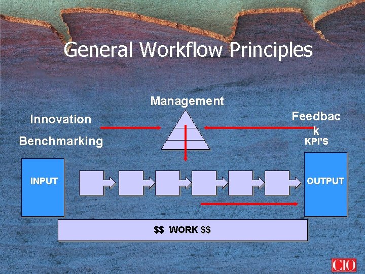 General Workflow Principles Management Feedbac k Innovation Benchmarking KPI’S INPUT OUTPUT $$ WORK $$