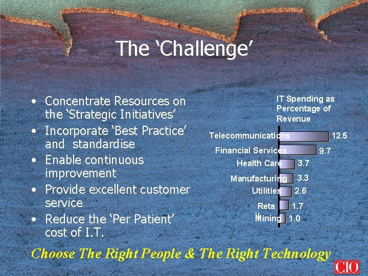 The ‘Challenge’ • Concentrate Resources on the ‘Strategic Initiatives’ • Incorporate ‘Best Practice’ and